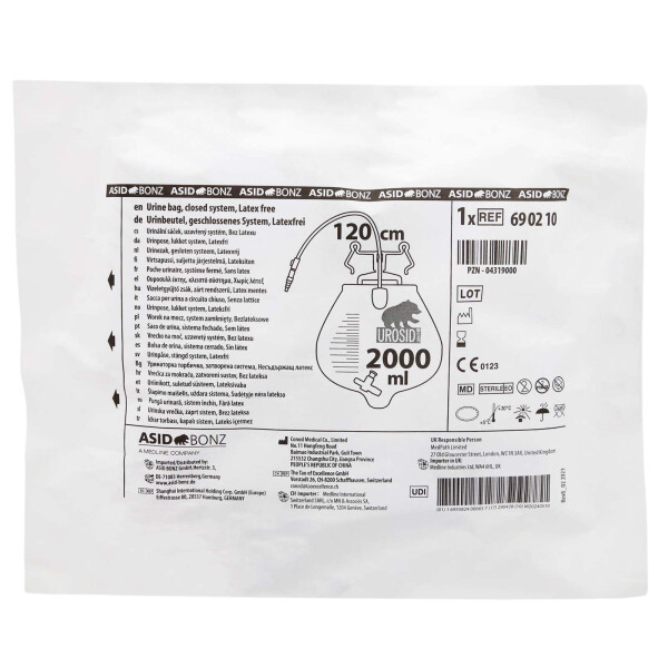 UROSID 2000S geschlossenes Urindrainagesystem, 2.000ml, steril, Kreuzventil waagrecht, mit Nadel - 120cm